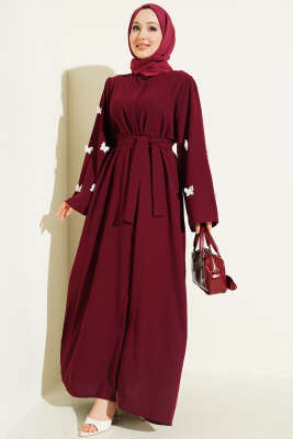 Kelebekli İncili Kuşaklı Ferace Bordo - EFSUN MODA