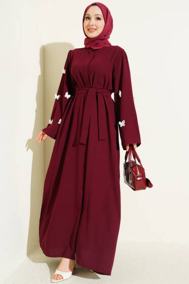 Kelebekli İncili Kuşaklı Ferace Bordo - Ferace