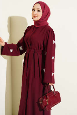 Kelebekli İncili Kuşaklı Ferace Bordo - Ferace