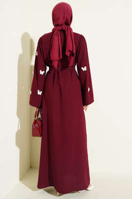 Kelebekli İncili Kuşaklı Ferace Bordo - Ferace