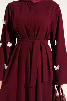 Kelebekli İncili Kuşaklı Ferace Bordo - Ferace