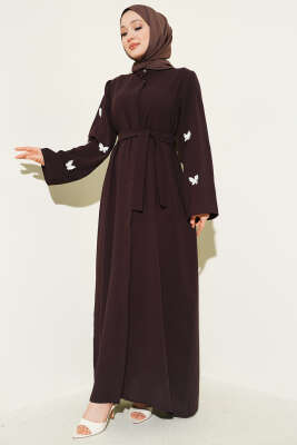 Kelebekli İncili Kuşaklı Ferace Kahve - EFSUN MODA