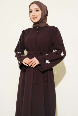 Kelebekli İncili Kuşaklı Ferace Kahve - Ferace