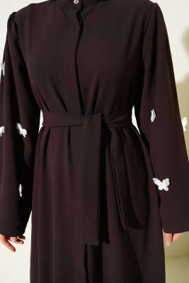 Kelebekli İncili Kuşaklı Ferace Kahve - Ferace