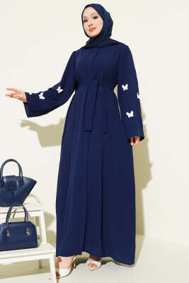 Kelebekli İncili Kuşaklı Ferace Lacivert - EFSUN MODA