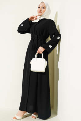 Kelebekli İncili Kuşaklı Ferace Siyah - EFSUN MODA