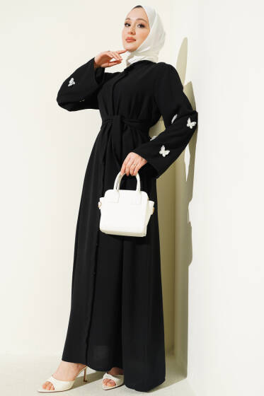 Kelebekli İncili Kuşaklı Ferace Siyah - Ferace