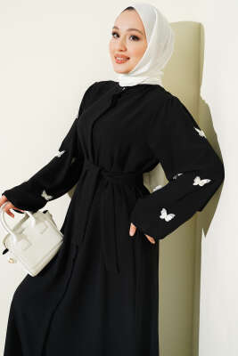 Kelebekli İncili Kuşaklı Ferace Siyah - Ferace