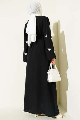 Kelebekli İncili Kuşaklı Ferace Siyah - Ferace