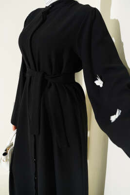 Kelebekli İncili Kuşaklı Ferace Siyah - Ferace