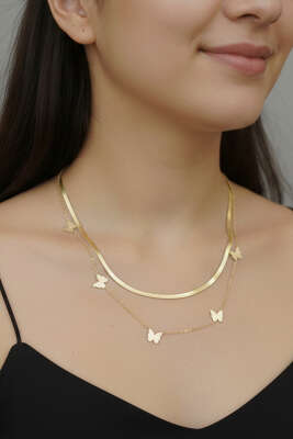 Kelebekli İtalyan Zincirli Çift Kolye Gold - DEMİR BİJUTERİ