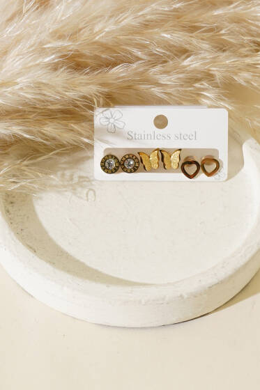 Kelebekli Küpe Set Gold - Küpe