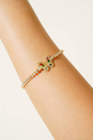 Kelebekli Renkli Taşlı Bileklik Gold - Bileklik