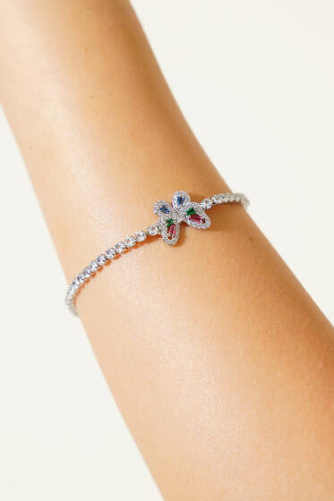Kelebekli Renkli Taşlı Bileklik Gümüş - Bileklik