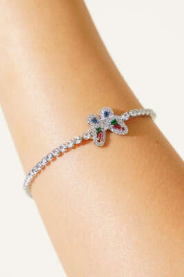 Kelebekli Renkli Taşlı Bileklik Gümüş - Bileklik