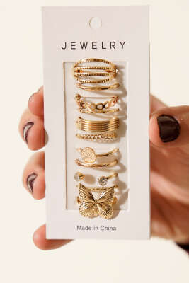 Kelebekli Taş Detaylı 11'li Yüzük Seti Gold - Yüzük