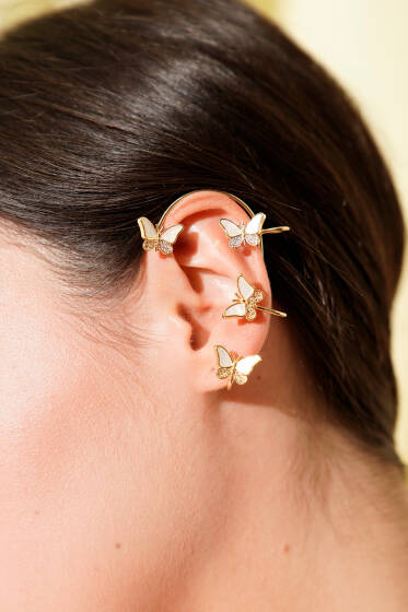 Kelebekli Taşlı Kıkırdak Küpe Gold - Küpe