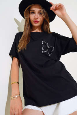 Kelebekli Taşlı T-shirt Siyah 