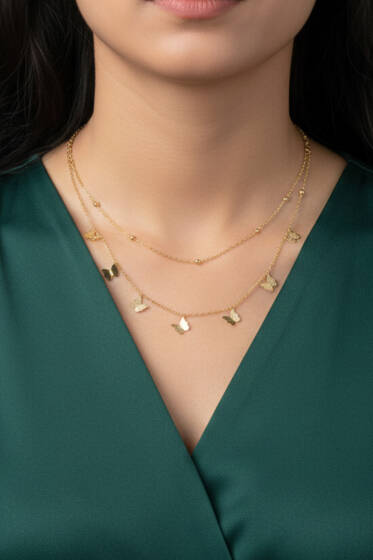 Kelebekli Zincirli Kolye Gold - Kolye