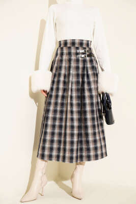 Kemer Aksesuarlı Ekoseli Etek Bej - TİLLE