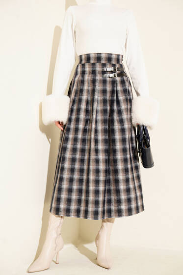 Kemer Aksesuarlı Ekoseli Etek Bej - Etek