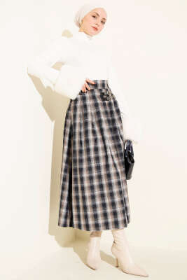 Kemer Aksesuarlı Ekoseli Etek Bej - Etek