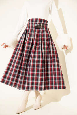 Kemer Aksesuarlı Ekoseli Etek Bordo - TİLLE