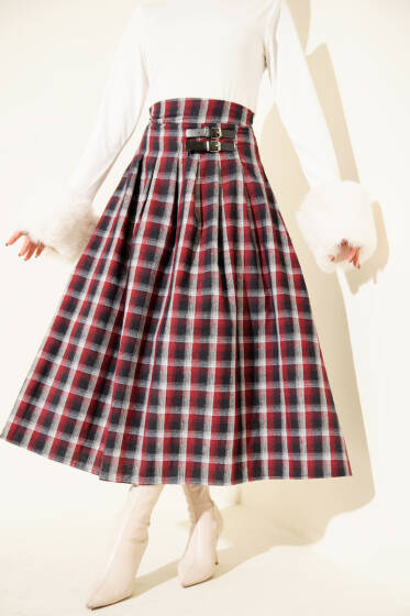 Kemer Aksesuarlı Ekoseli Etek Bordo - Etek