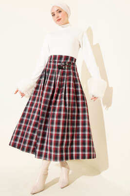 Kemer Aksesuarlı Ekoseli Etek Bordo - Etek