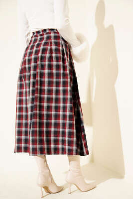 Kemer Aksesuarlı Ekoseli Etek Bordo - Etek