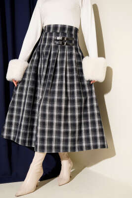 Kemer Aksesuarlı Ekoseli Etek Füme - TİLLE