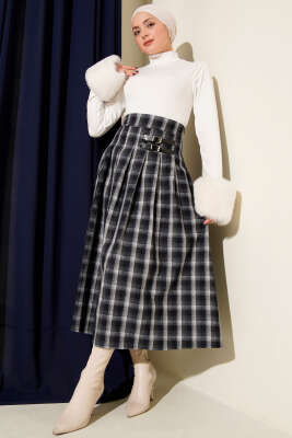 Kemer Aksesuarlı Ekoseli Etek Füme - Etek