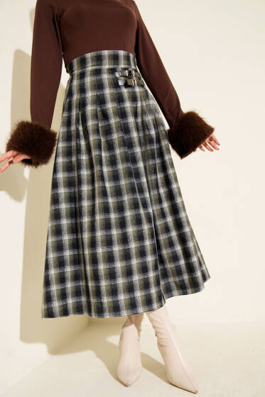 Kemer Aksesuarlı Ekoseli Etek Haki - Etek