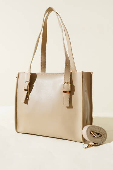 Kemer Askılı Kare Çanta Bej - Kol Çantası