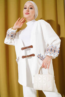 Kemer Bağlamalı Nakışlı Kimono Beyaz - 500-700 TL Ürünler