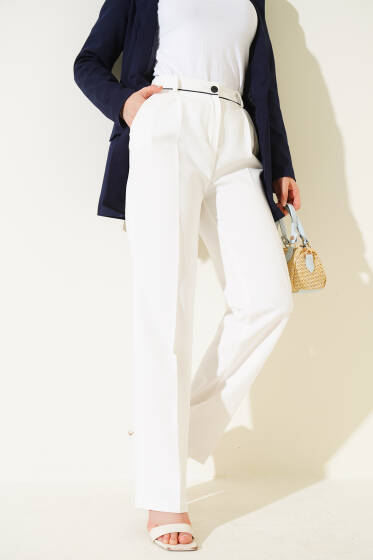 Kemer Biyeli Kumaş Pantolon Beyaz - Pantolon
