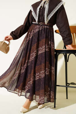 Kemer Detaylı Bel Lastikli Desenli Etek Kahve - ALİ AKKAYA