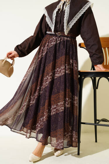 Kemer Detaylı Bel Lastikli Desenli Etek Kahve - Etek