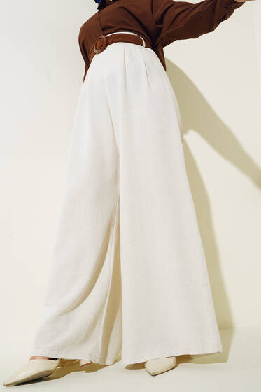 Kemer Detaylı Bol Paça Pantolon Taş - Pantolon