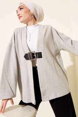 Kemer Detaylı Fitilli Kaşe Kimono Gri - HELLIE