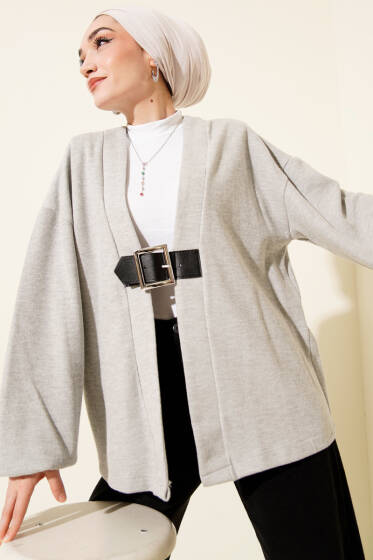 Kemer Detaylı Fitilli Kaşe Kimono Gri - Dış Giyim&Mont