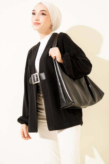 Kemer Detaylı Fitilli Kaşe Kimono Siyah - Dış Giyim&Mont