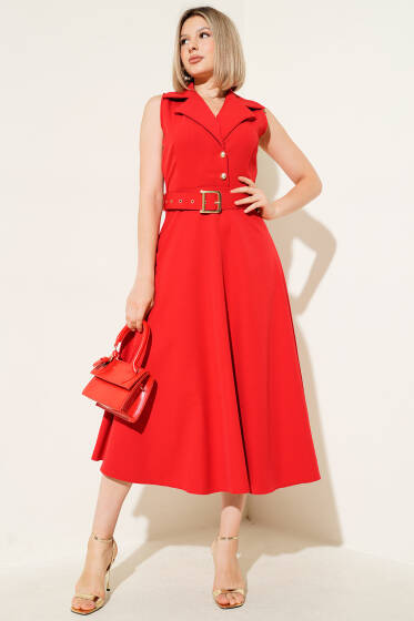 Kemer Detaylı Gömlek Yaka Elbise Kırmızı - Kadın Giyim Modelleri