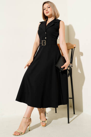 Kemer Detaylı Gömlek Yaka Elbise Siyah - Kadın Giyim Modelleri