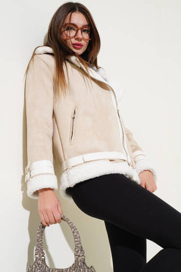 Kemer Detaylı İçi Kürklü Süet Mont Bej - Yeni Giyim