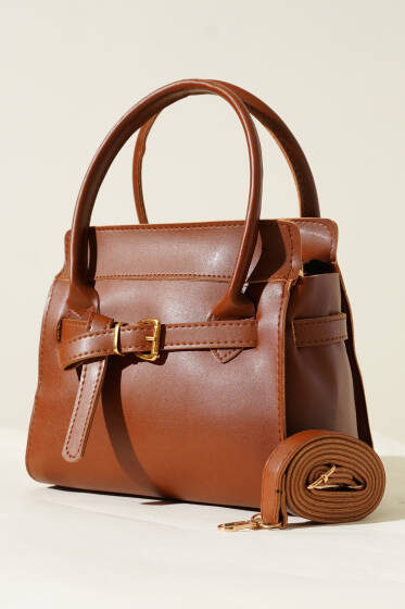 Kemer Detaylı Kare Çanta Taba - Kol Çantası