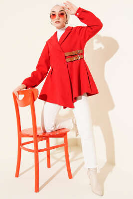 Kemer Detaylı Kaşe Ceket Kırmızı - Ceket