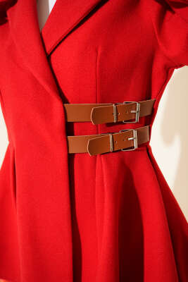 Kemer Detaylı Kaşe Ceket Kırmızı - Ceket