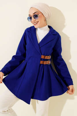 Kemer Detaylı Kaşe Ceket Saks - BERAT TEKSTİL