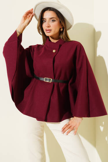 Kemer Detaylı Kaşe Panço Bordo - Kadın Giyim Modelleri